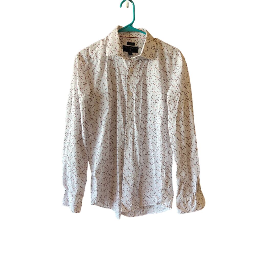 James Tattersall London  Button up shirt White w/ leaf pattern  Size 16 34/35